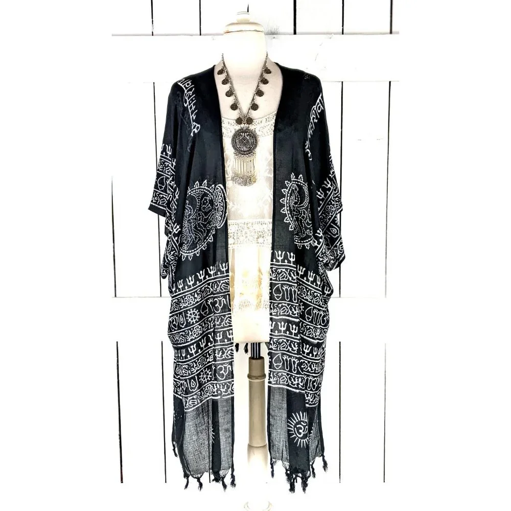 Black white om boho tassel cotton kimono cover up - Picture 2 of 4